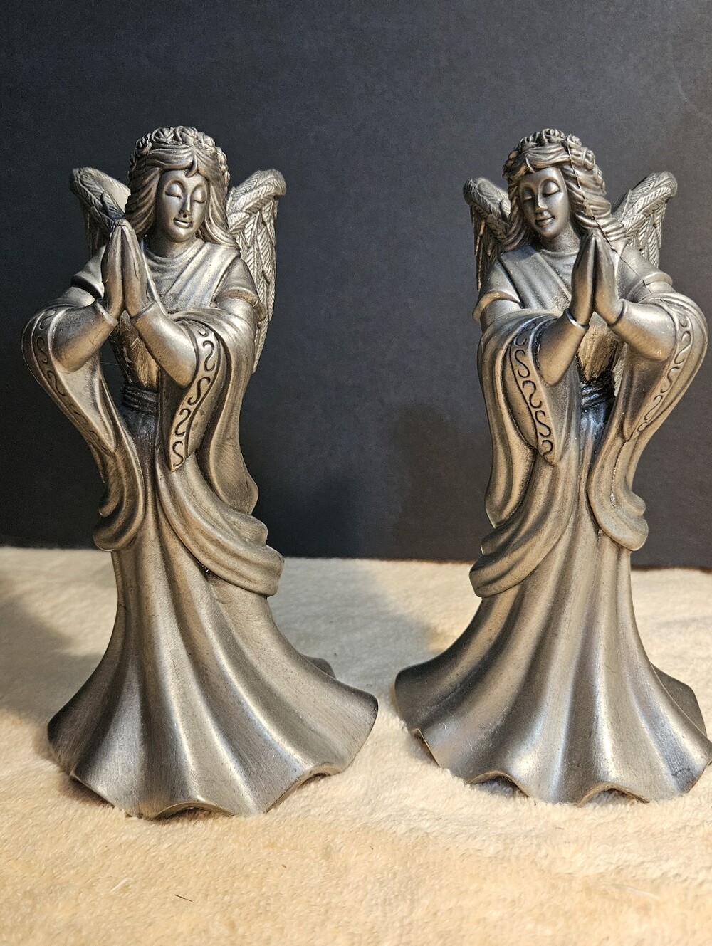 Ornate Vintage Pewter Angel Candlesticks Set - Heavy Metal Prayer Figurine